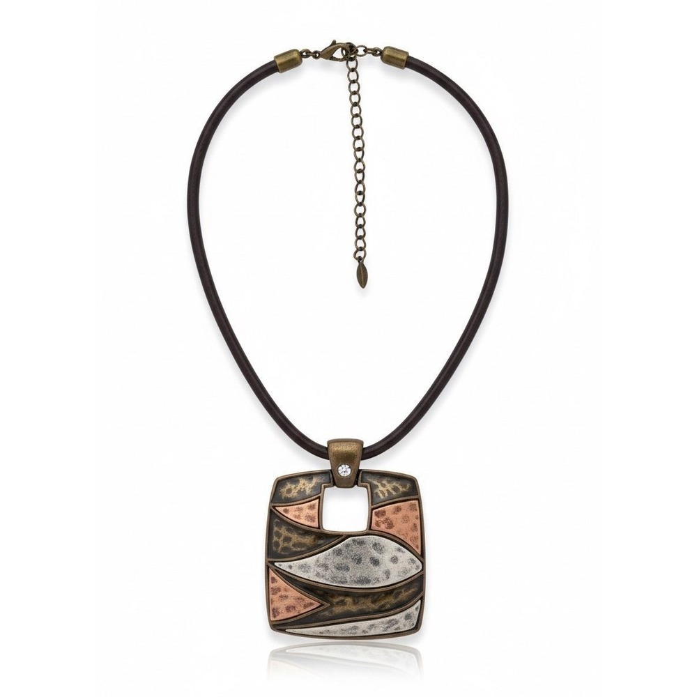 VCLM Geometric Pendant Necklace Womens OS Brown Mixed Metal Leather Cord